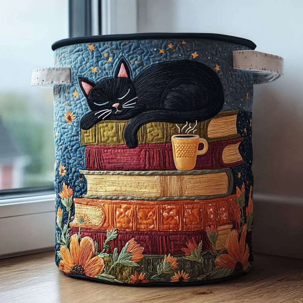 Gesteppter Katzen Wäschesammler in Schwarz mit Griffen und Bücherstapel-Motiv vor einem Fenster.