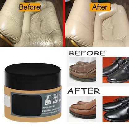 Lederreparaturcreme für Möbel und Schuhe, beige, Vorher-Nachher-Ergebnis, Glättungseffekt.
