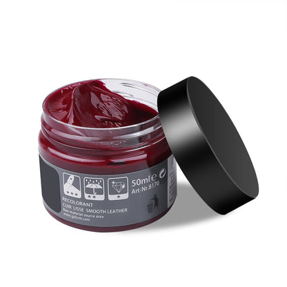 Rote Lederfarbe 50ml, Glattleder, Reparaturcreme, offene Dose, Glanzfinish.