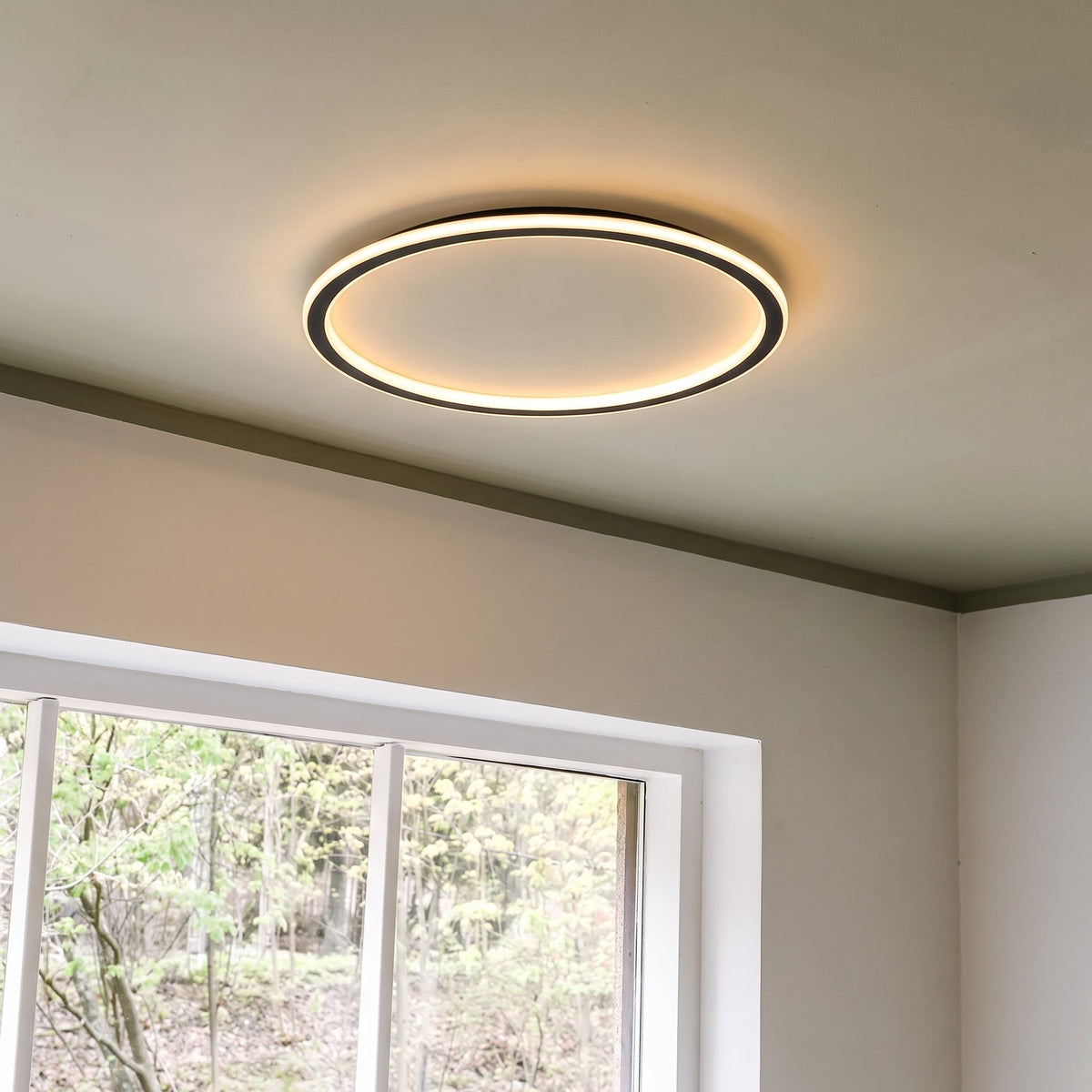 Schwarze runde LED-Deckenleuchte neben einem Sprossenfenster, weitere Ansicht.