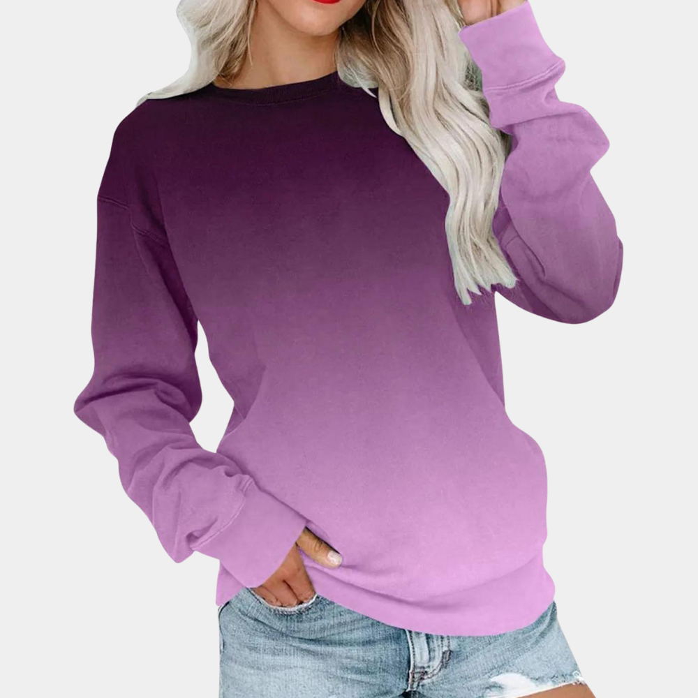 Frau in lila Ombre-Pullover, langärmelig, lässig, modisch, Damenmode, Herbstkleidung.