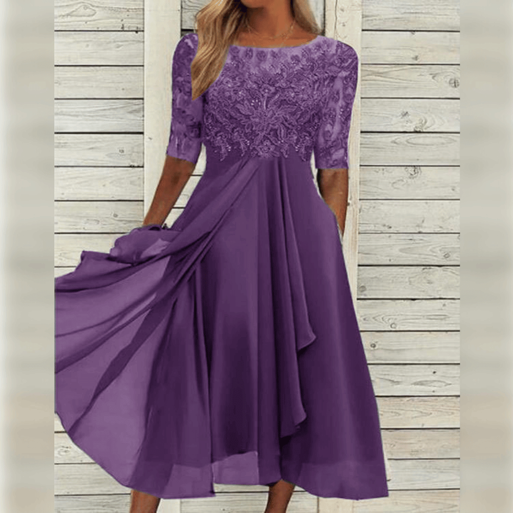 Lila Abendkleid aus Spitze, knielang, mit halblangen Ärmeln, elegantes Design für Damen.