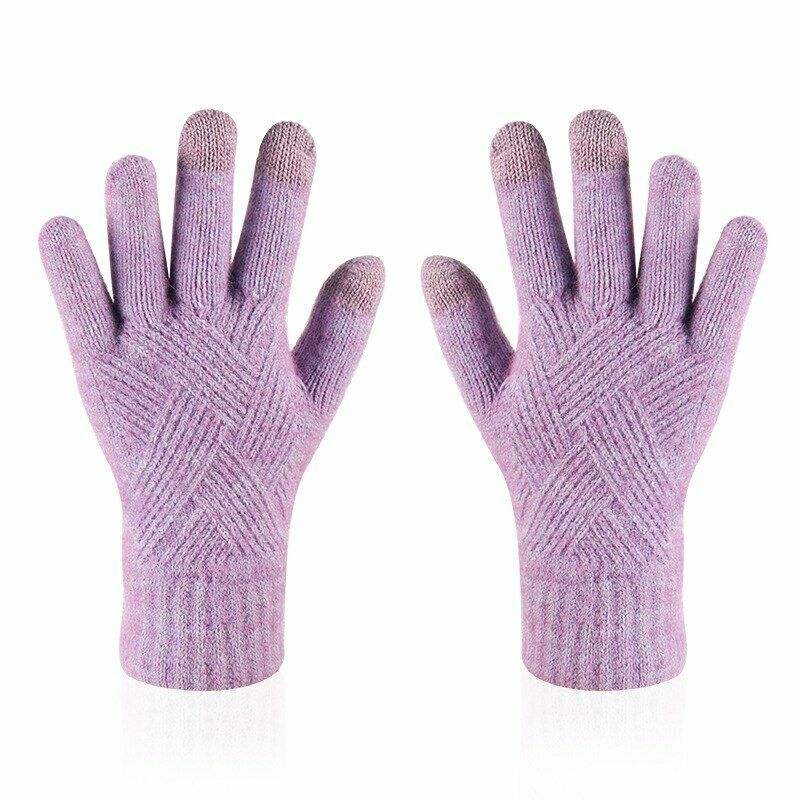 Lila Touchscreen-Handschuhe, gestrickt, warm, für Damen, Wintermode, Smartphone-kompatibel.