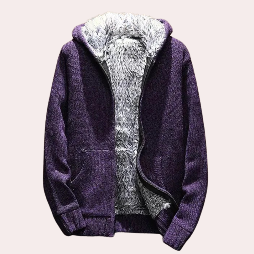 Lila Strickjacke mit Kapuze, Kunstfellfutter, Reißverschluss, warm, modisch, Winterbekleidung