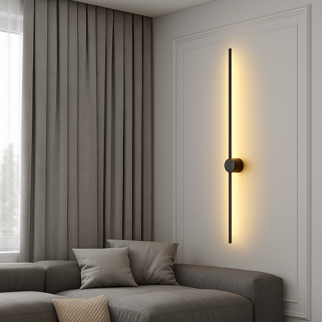Schwarze, senkrecht montierte Stab-Wandleuchte mit warmem Licht an einer Wand mit Zierleisten, daneben graues Sofa und Vorhang.
