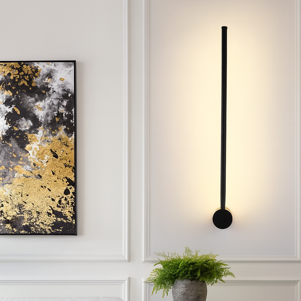 Schwarze Stab-Wandleuchte mit runder Wandplatte am unteren Ende, warm leuchtend, neben einem Gemälde mit Goldakzenten und einer Farnpflanze.