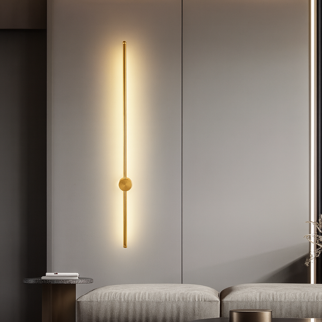 Goldfarbene Stab-Wandleuchte mit runder Mittelhalterung, warm leuchtend, an grauer Wandverkleidung über einem Sofa und Beistelltisch.