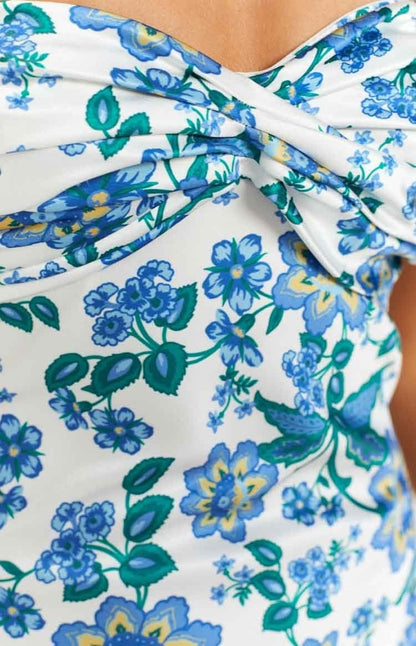 Geknotetes Etuikleid mit blauem Blumenmuster – Mireva