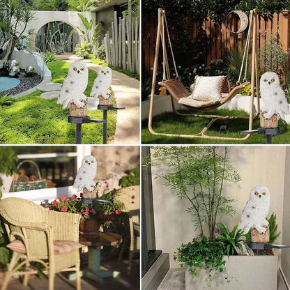 Vier Einrichtungsbeispiele mit weißer Eule am Gartenweg, neben einer Hängeschaukel, auf der Terrasse und am Pflanzkübel.