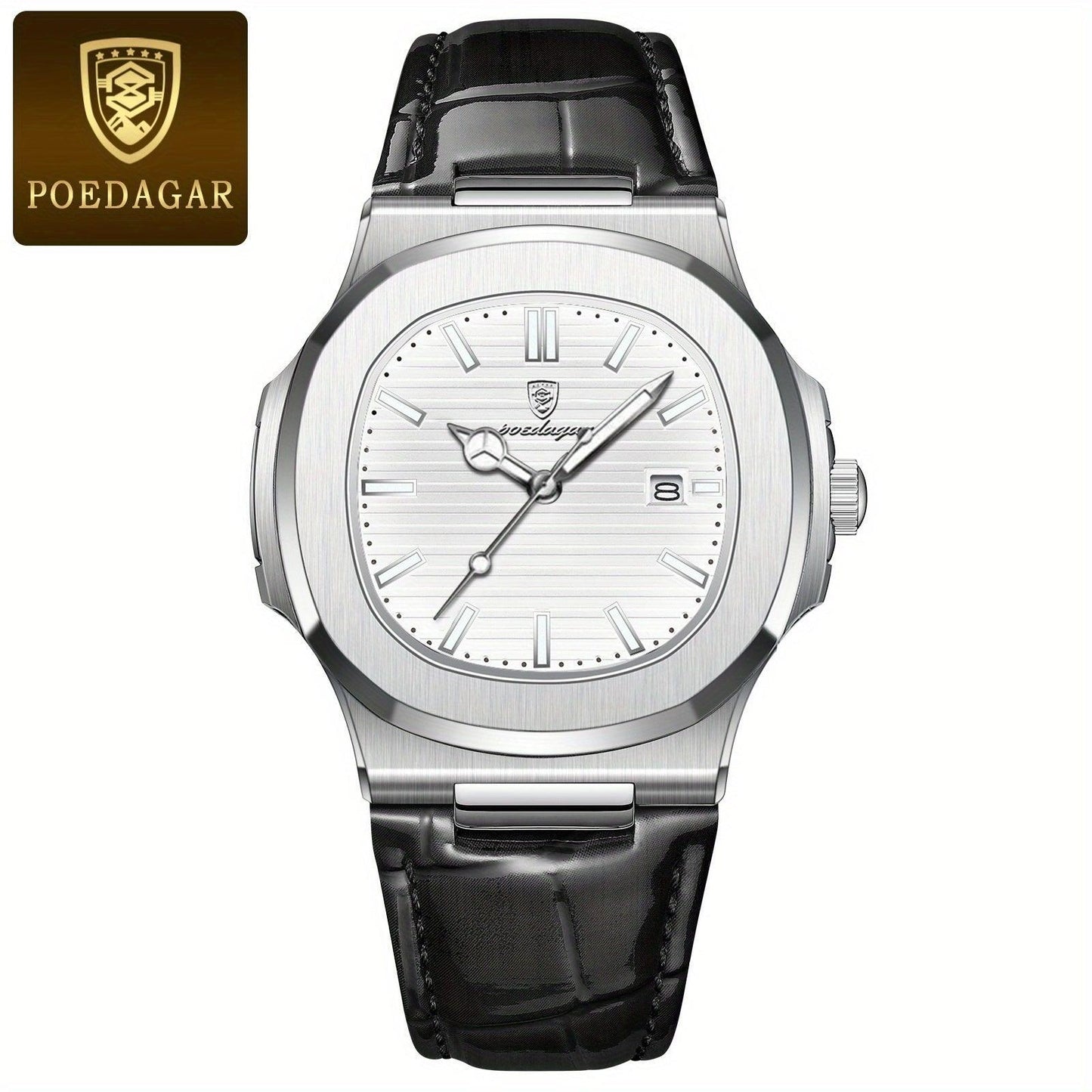 Luxus Herrenarmbanduhr, silbernes Zifferblatt, schwarzes Lederarmband, Poedagar Marke.