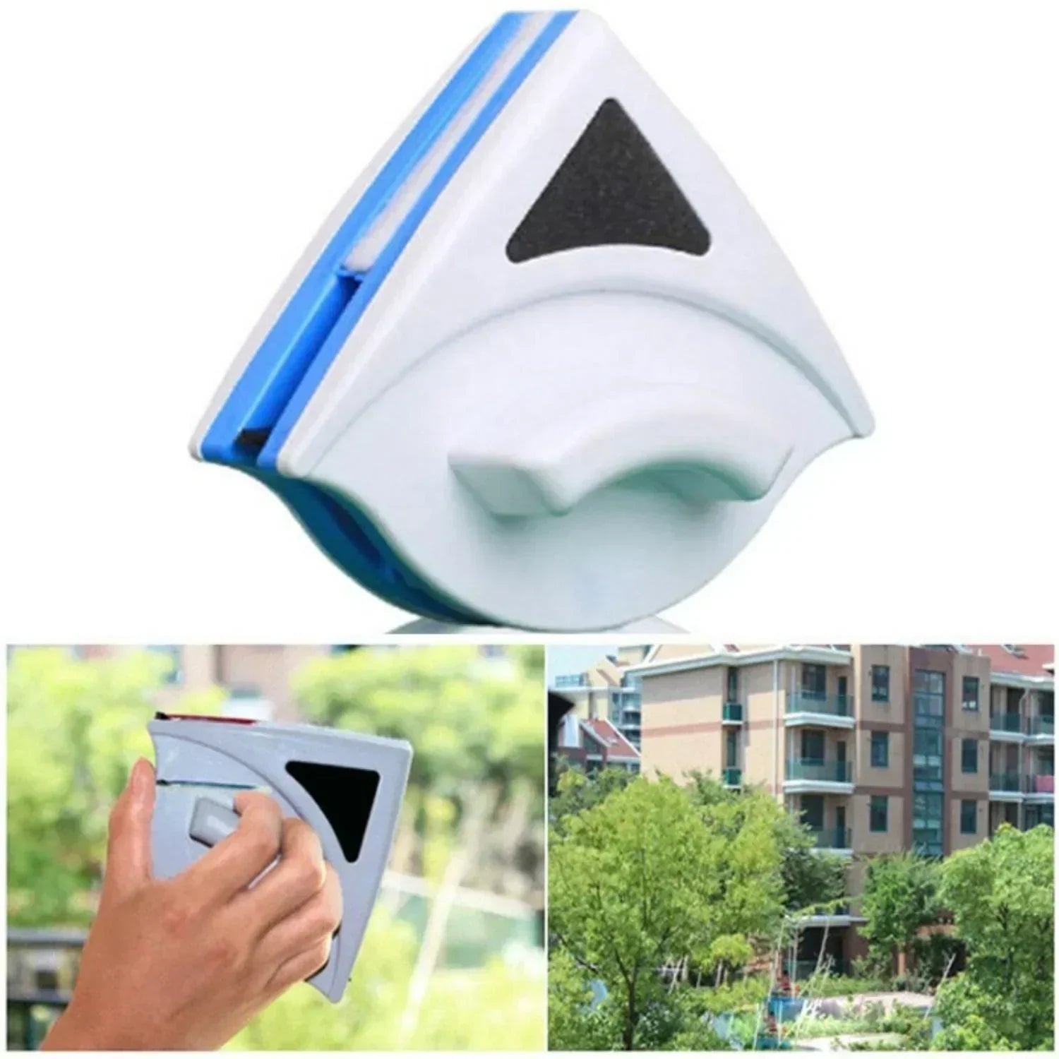 Magnetischer Fensterreiniger, dreieckig, weiß-blau, für Glasreinigung, EasyClean™.