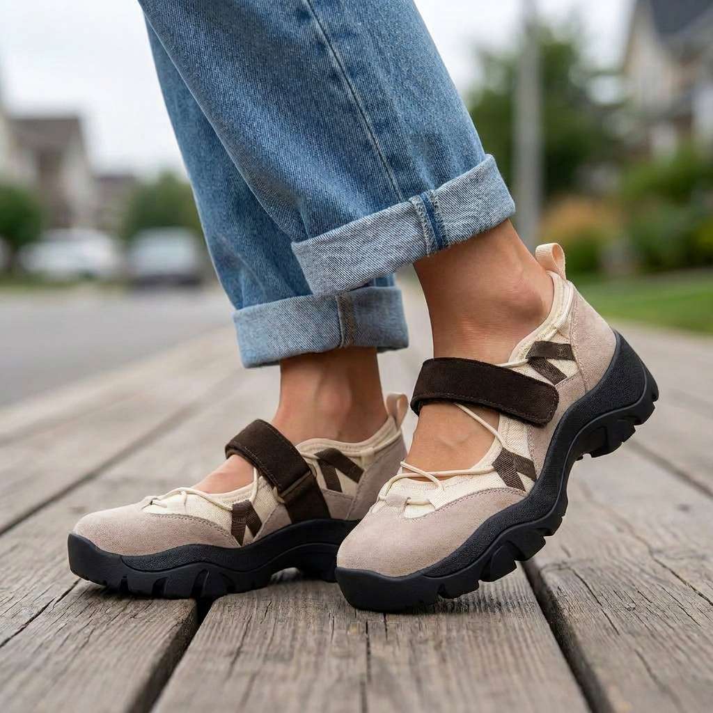 Beige Slipper mit braunem Klettriemen auf einem Holzsteg, getragen zu hochgekrempelter Jeans in Wohngegend.