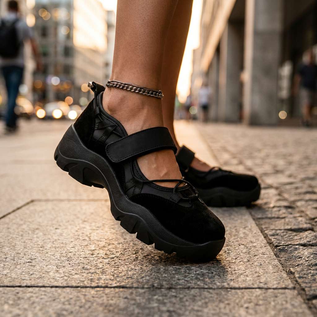 Schwarze Slipper mit Klettriemen und Plateausohle auf Pflaster, getragen mit Fußkettchen bei Abendlicht in der Stadt.