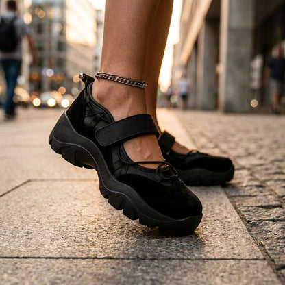 Schwarze Slipper mit Klettriemen und Plateausohle auf Pflaster, getragen mit Fußkettchen bei Abendlicht in der Stadt.