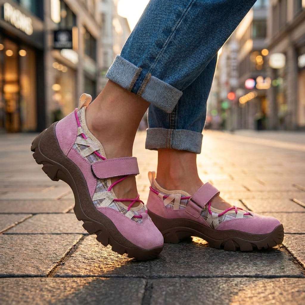 Rosafarbene Slipper mit pinkem Gummizug auf Kopfsteinpflaster, zu umgekrempelter Jeans in einer Einkaufsstraße getragen.
