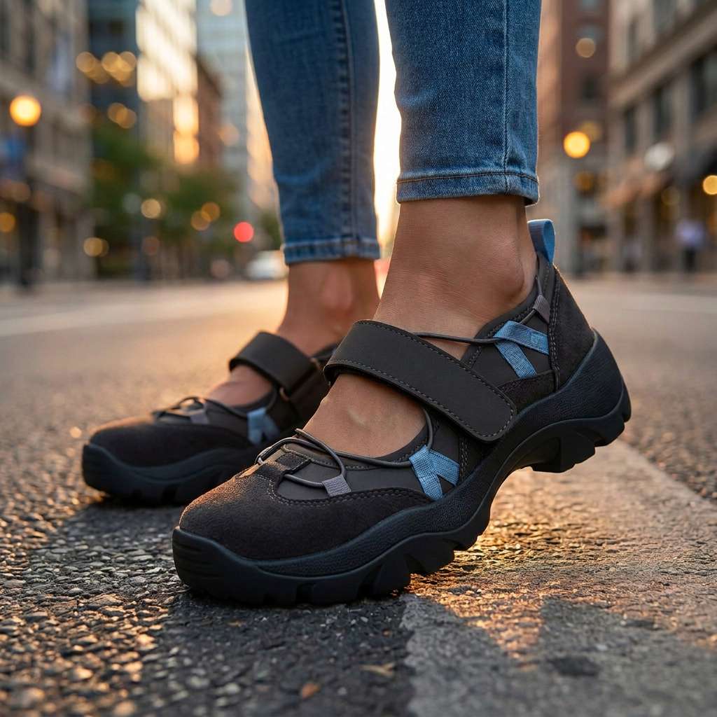 Dunkle Slipper mit blauen Zierbändern und Klettriemen, auf einer Straße bei Abendlicht zu Jeans getragen.
