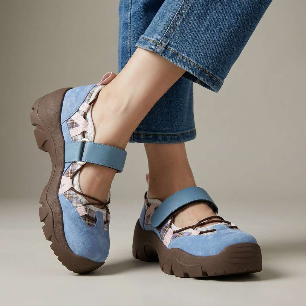 Hellblaue Wildlederslipper mit Karoeinsatz, rosa Bändern und brauner Profilsohle, im Studio zu Jeans getragen.