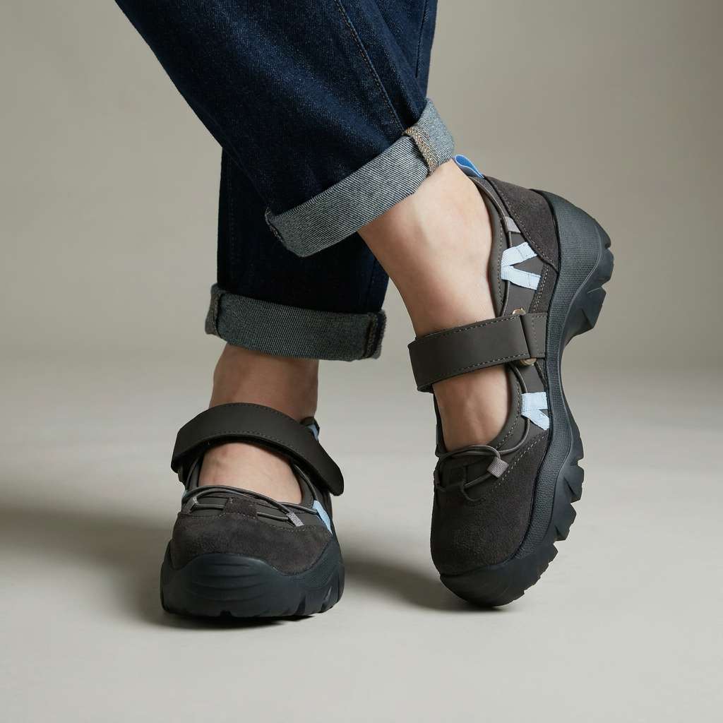 Dunkelgraue Slipper mit Klettriemen und hellblauen Zierbändern, im Studio zu umgekrempelter Jeans getragen.