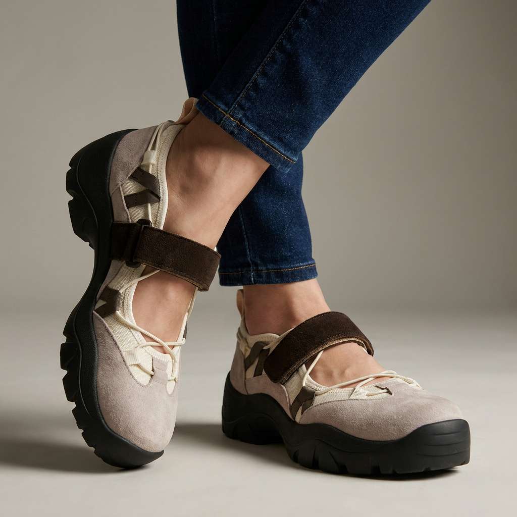 Beige-graue Wildlederslipper mit braunem Klettriemen und schwarzer Profilsohle, im Studio zu Dunkeljeans getragen.
