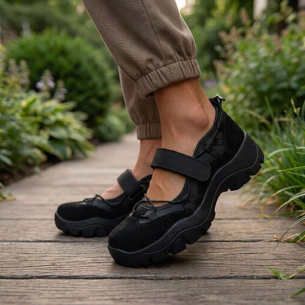 Schwarze Slipper mit Klettriemen auf einem Holzweg im Garten, getragen zu khakifarbener Jogginghose.