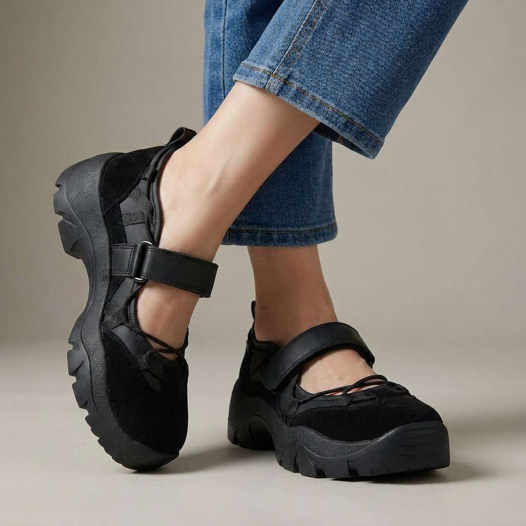 Schwarze Slipper aus Veloursleder mit Klettriemen und kräftiger Profilsohle, im Studio zu Jeans getragen.