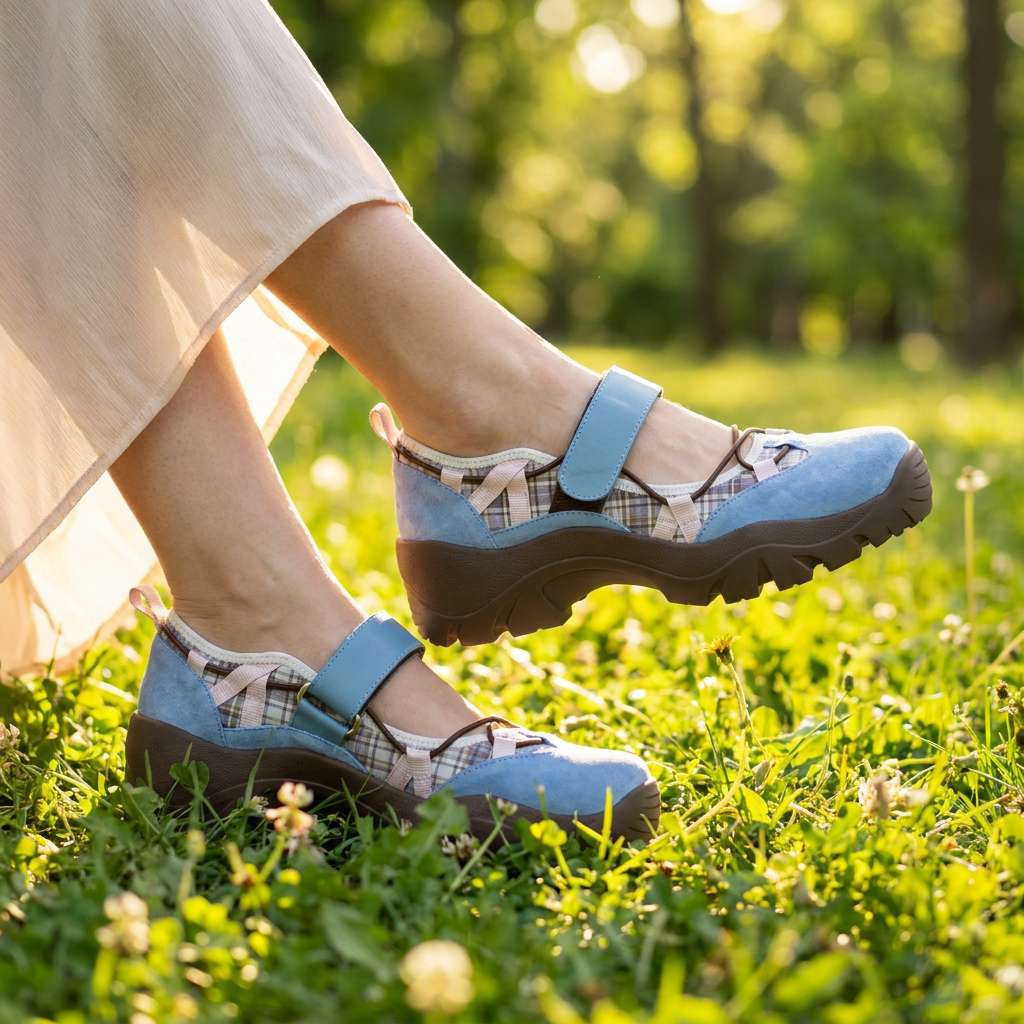 Hellblaue Slipper mit Karoeinsatz und Klettriemen, auf einer sonnigen Blumenwiese zu einem fließenden Rock getragen.