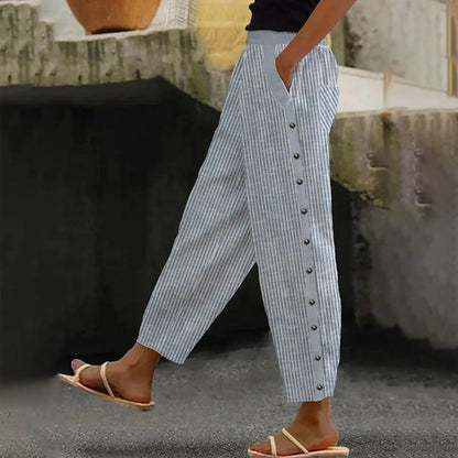 Gestreifte High-Waist Damen Hose mit Zierknöpfen – Herbstzauber Florence