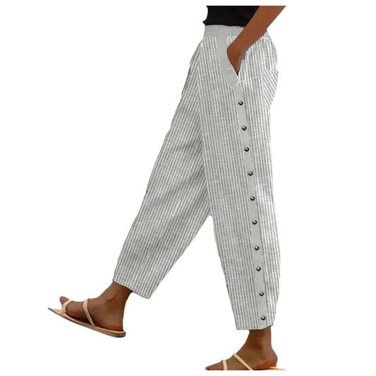 Gestreifte High-Waist Damen Hose mit Zierknöpfen – Herbstzauber Florence