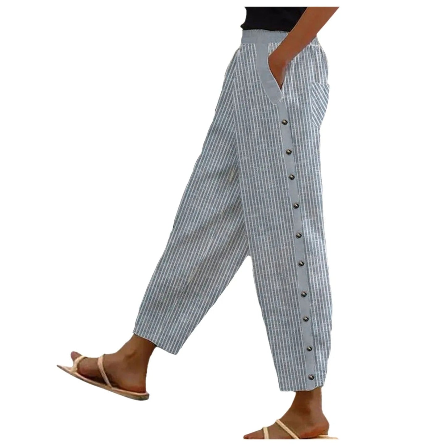 Gestreifte High-Waist Damen Hose mit Zierknöpfen – Herbstzauber Florence
