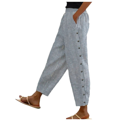 Gestreifte High-Waist Damen Hose mit Zierknöpfen – Herbstzauber Florence