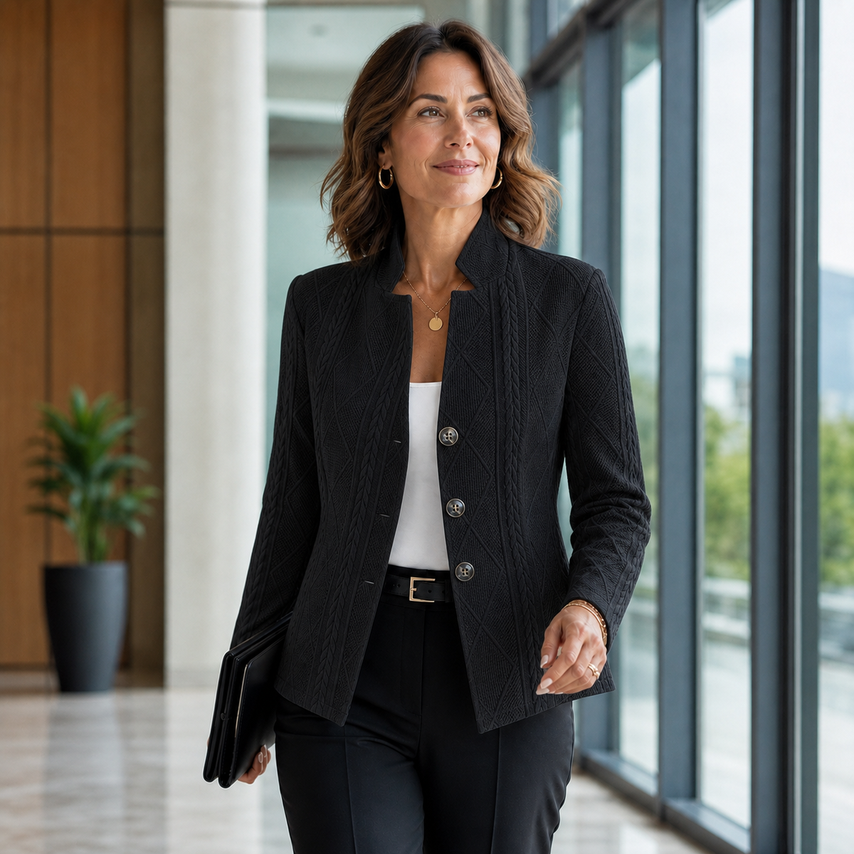 Schwarzer Blazer mit Stehkragen und Struktur, getragen zu weißem Top, Gürtel und schwarzer Hose, Mappe in der Hand. 5