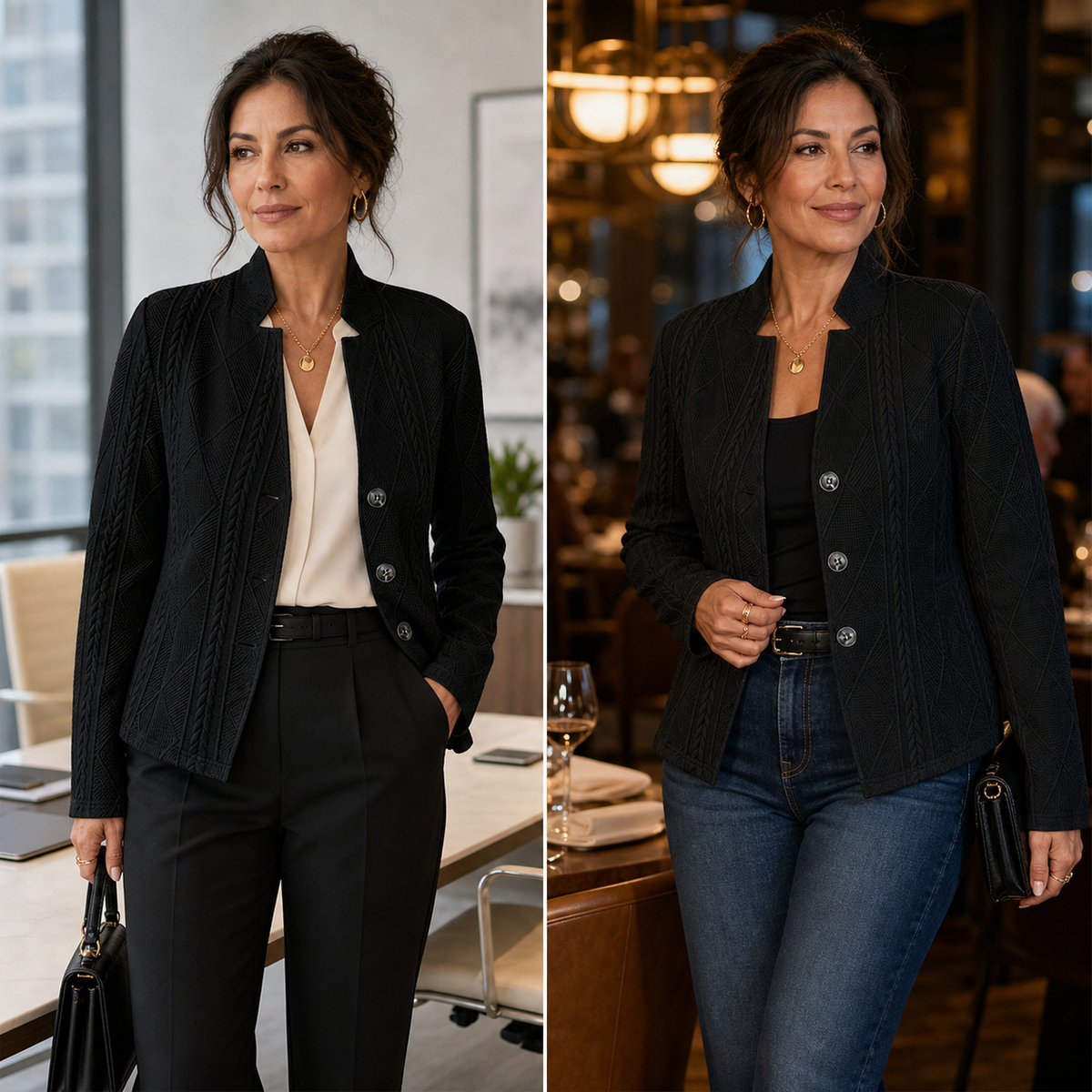 Zwei Looks im Vergleich: schwarzer Blazer mit Bluse und Stoffhose im Büro sowie mit Jeans und Top am Abend im Restaurant. 16