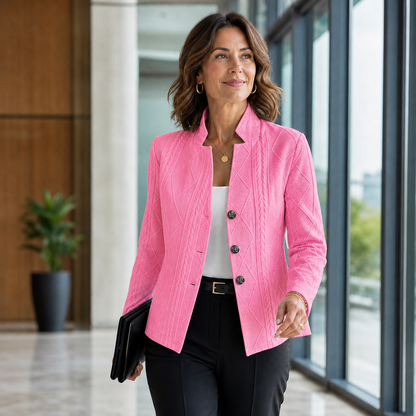 Blazer in kräftigem Pink mit Zopfstruktur und drei Knöpfen, getragen von einer Frau im Gehen vor Fensterfront. 8