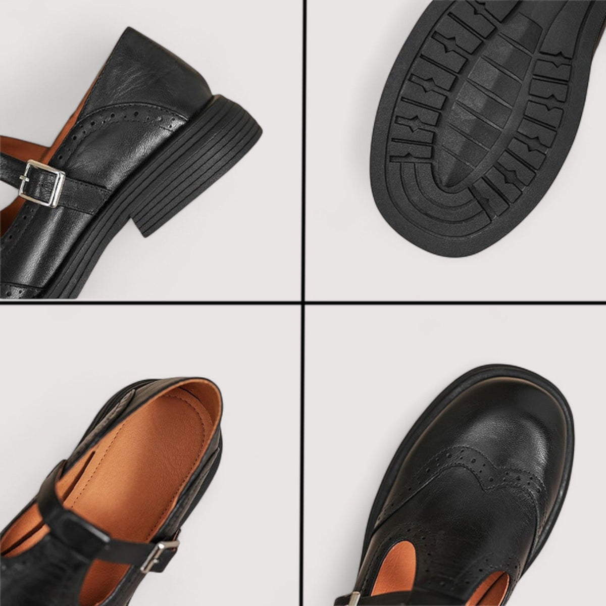 Vierer-Collage mit Details der schwarzen Mary-Jane-Ballerinas: Schnalle, Laufsohle, Innenfutter und Lochmuster.