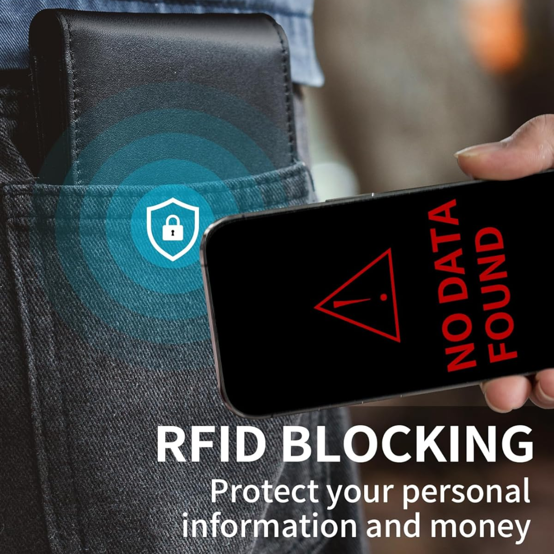 Schwarze Geldbörse in der Gesäßtasche einer Jeans neben einem Smartphone als Darstellung des RFID-Schutzes.