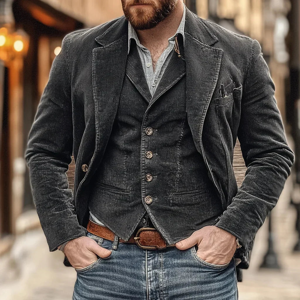 Mann trägt eine dunkelgraue Cordjacke mit Weste über Hemd und Jeans mit braunem Ledergürtel 2