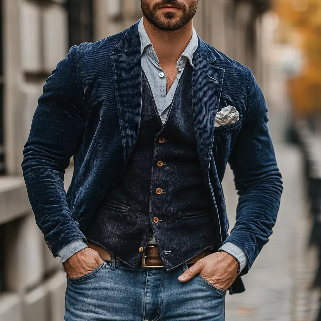 Mann in marineblauer Cordjacke mit passender Weste, hellblauem Hemd und Jeans auf einer Straße 1