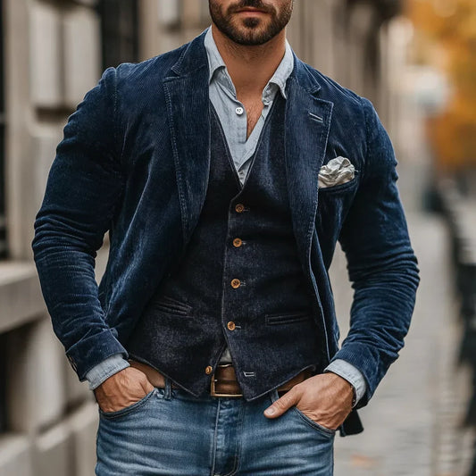 Mann in marineblauer Cordjacke mit passender Weste, hellblauem Hemd und Jeans auf einer Straße 1