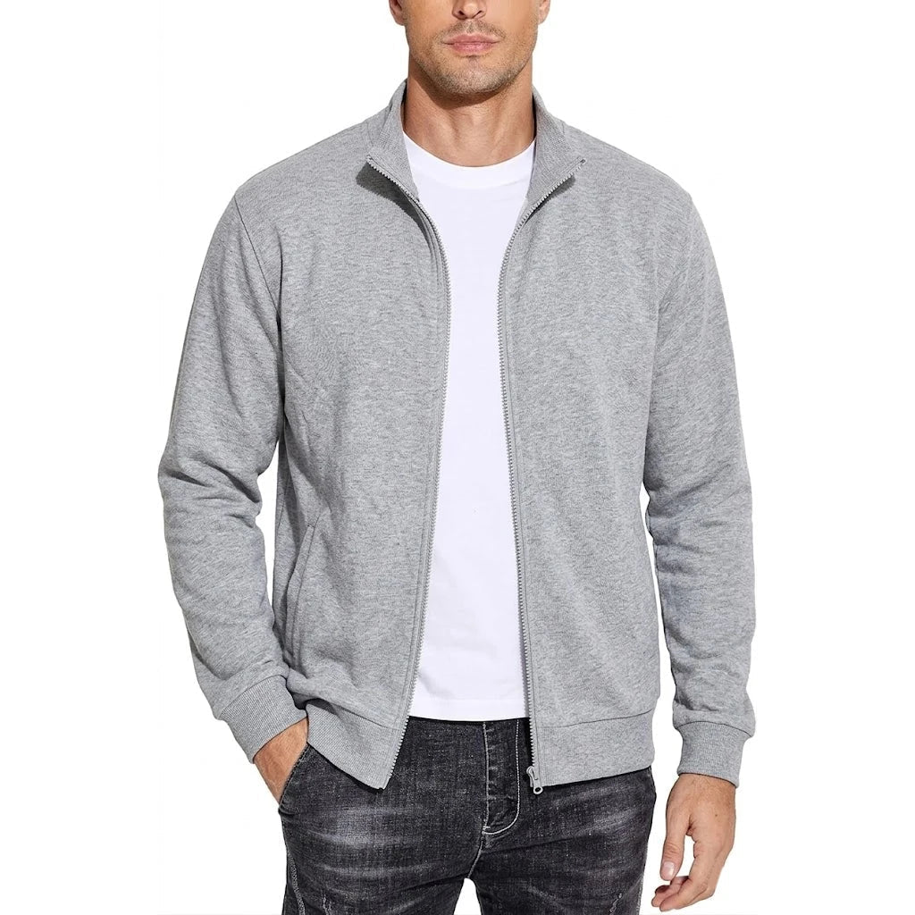 Herren-Sweatshirtjacke mit Reißverschluss in Hellgrau meliert, Frontansicht mit sichtbarem Reißverschlussschieber und Rippbündchen