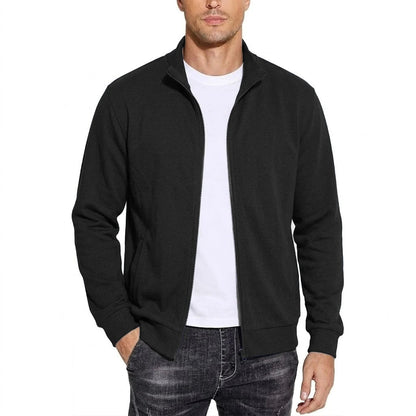 Herren-Sweatshirtjacke mit Reißverschluss in Schwarz, offen über weißem T-Shirt, Frontansicht