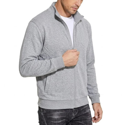 Herren-Sweatshirtjacke mit Reißverschluss in Hellgrau, seitliche Ansicht mit Stehkragen und Rippbündchen