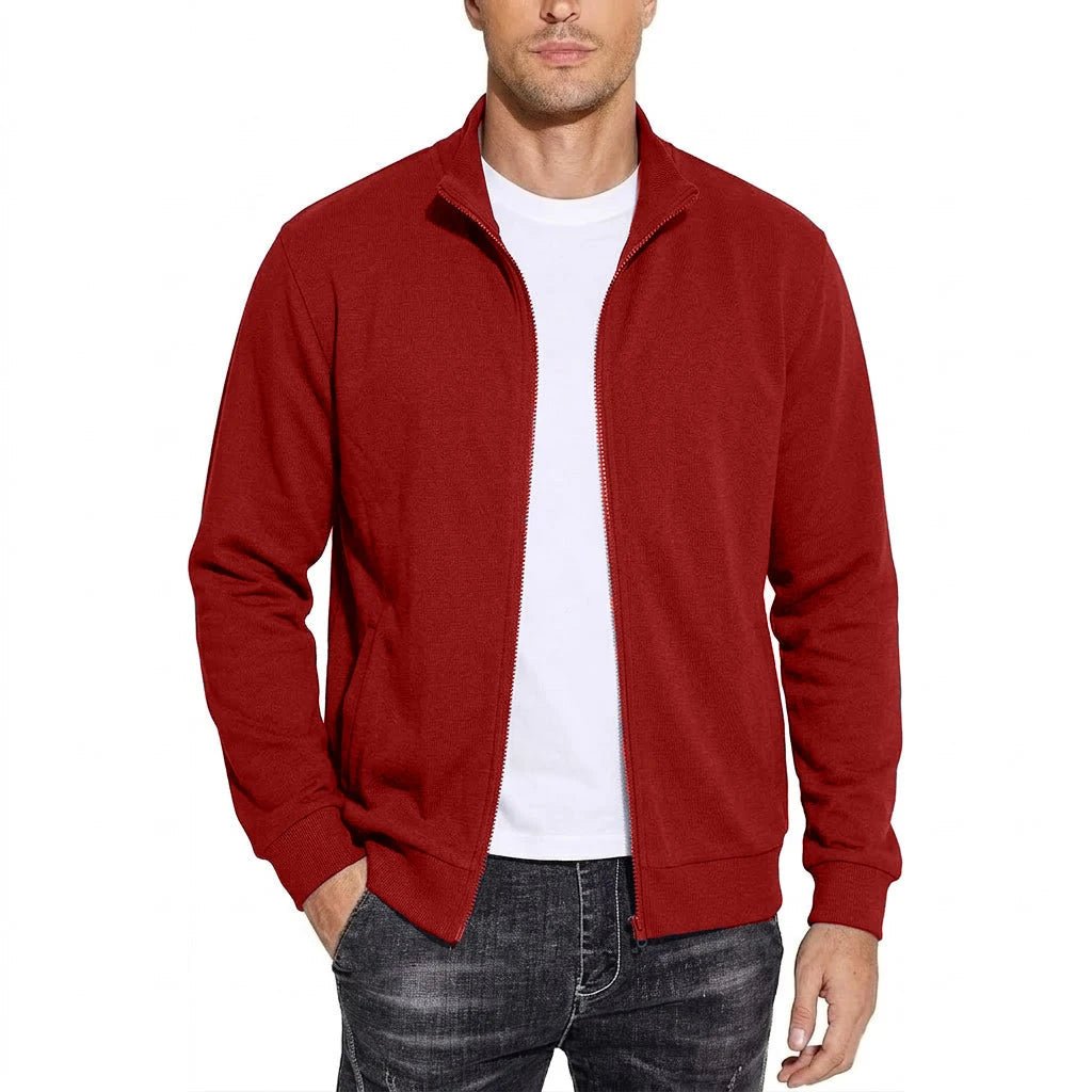 Herren-Sweatshirtjacke mit Reißverschluss in Rot, offene Frontansicht mit Stehkragen
