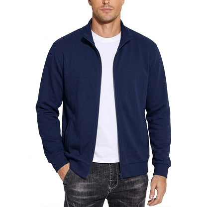 Herren-Sweatshirtjacke mit Reißverschluss in Marineblau, offene Frontansicht über weißem T-Shirt