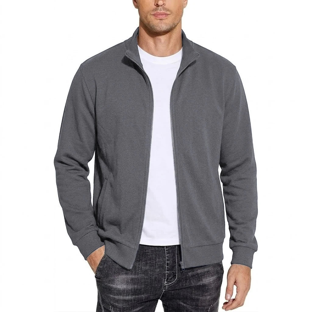 Herren-Sweatshirtjacke mit Reißverschluss in Mittelgrau, offene Frontansicht mit Stehkragen und Rippbündchen
