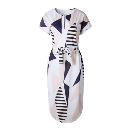Trendige Asymmetrische Damen Midikleid mit Print und Taillengürtel – Elira