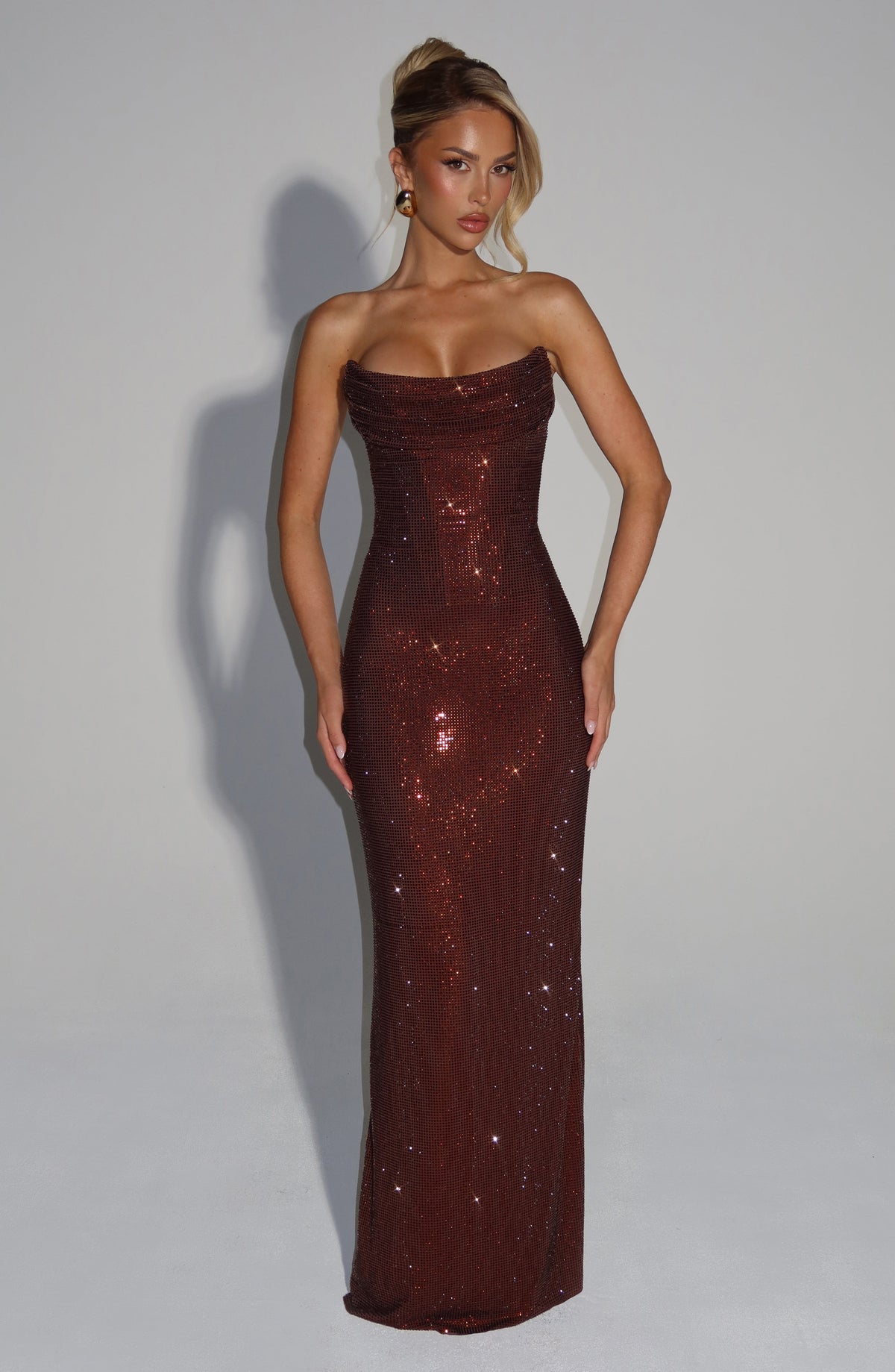 Model in dem braunen Kleid mit Strasssteinen, Vorderansicht, Hände seitlich am Körper, blondes hochgestecktes Haar. 5