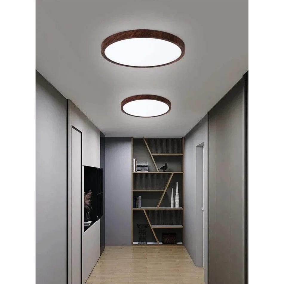Zwei runde Leuchten mit dunklem Holzrahmen an der Decke eines grauen Flurs mit Regal und Holzboden. 6