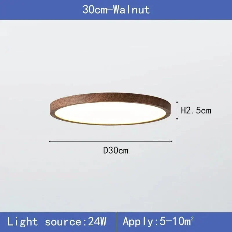 Maßgrafik der Leuchte im Nussbaum-Holzton, 30 cm Durchmesser und 2,5 cm Höhe, mit Hinweisen zu Leistung und Raumgröße. 7