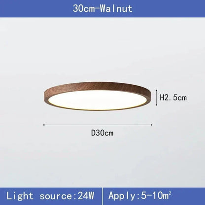 Maßgrafik der Leuchte im Nussbaum-Holzton, 30 cm Durchmesser und 2,5 cm Höhe, mit Hinweisen zu Leistung und Raumgröße. 7