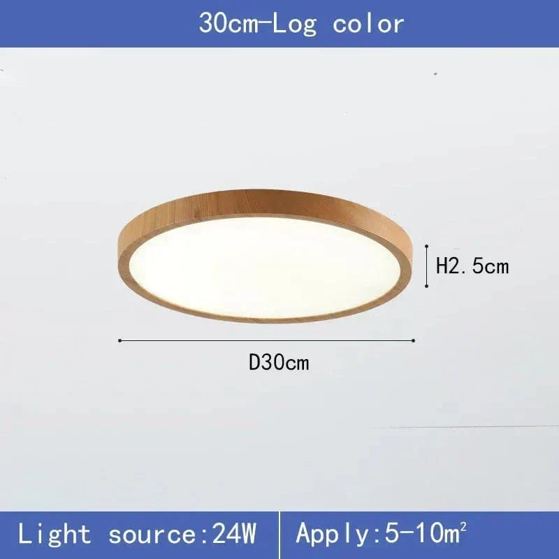Maßgrafik der Leuchte im hellen Holzton, 30 cm Durchmesser und 2,5 cm Höhe, mit Leistungs- und Flächenangabe. 9